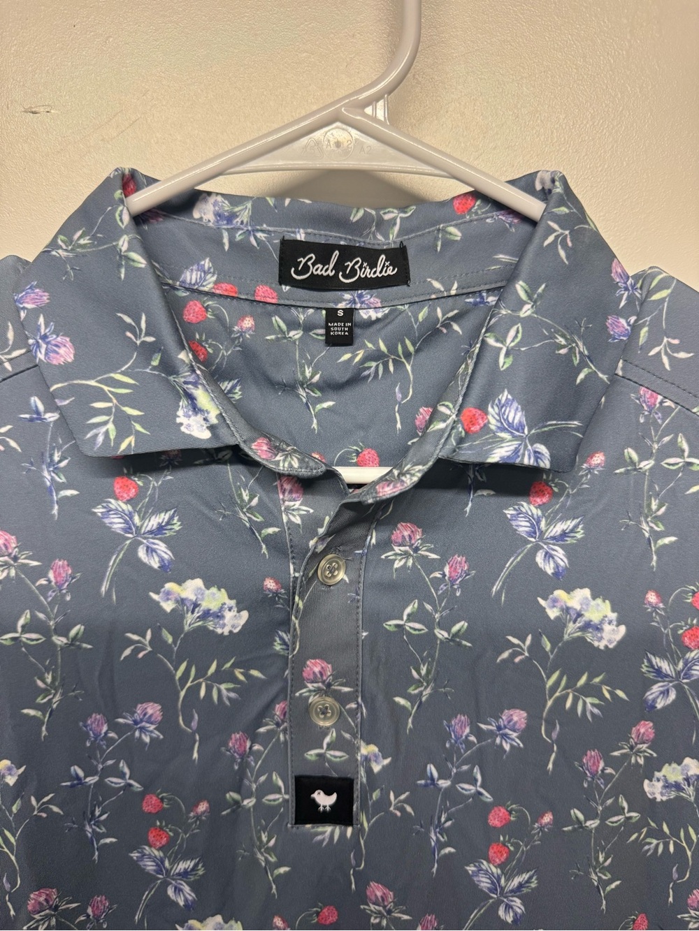 Bad Birdie Men's Floral Polo in Slate Blue with Pink Accents - Picture 2 of 3